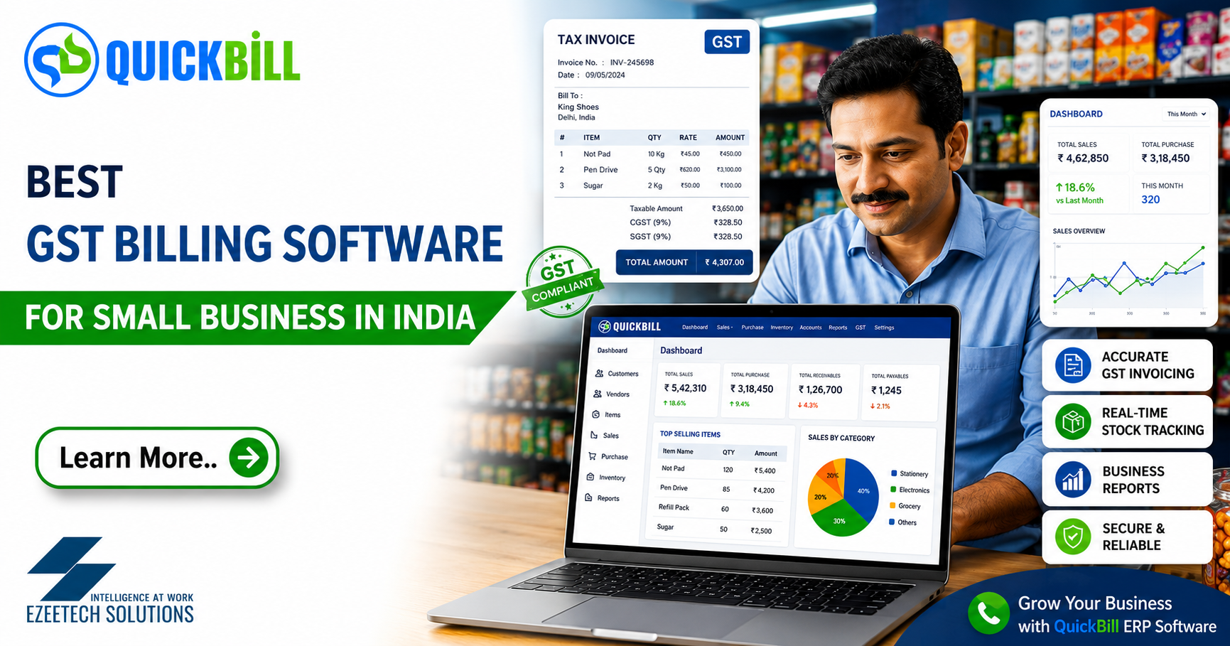 QuickBill GST Billing Software promotional banner featuring an Indian retail shop owner using a laptop with the QuickBill ERP dashboard.